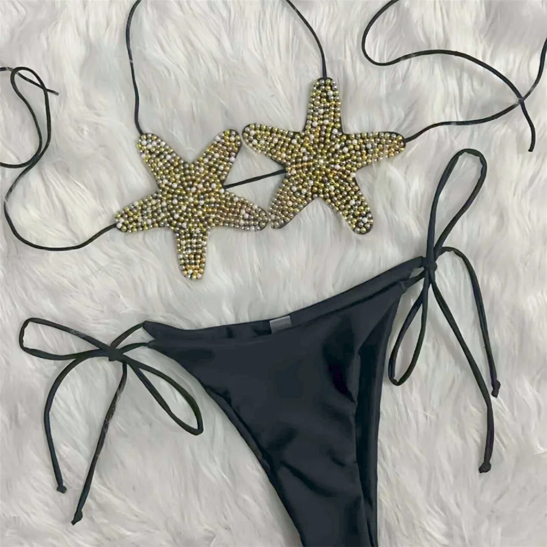 Beads Starfish Neckholder-Bikini, Damen-Badeanzug, zweiteiliges Bikini-Set, hoch geschnittene Beine, Badebekleidung, Badeanzug, Schwimmanzug V8025 – Detail 4