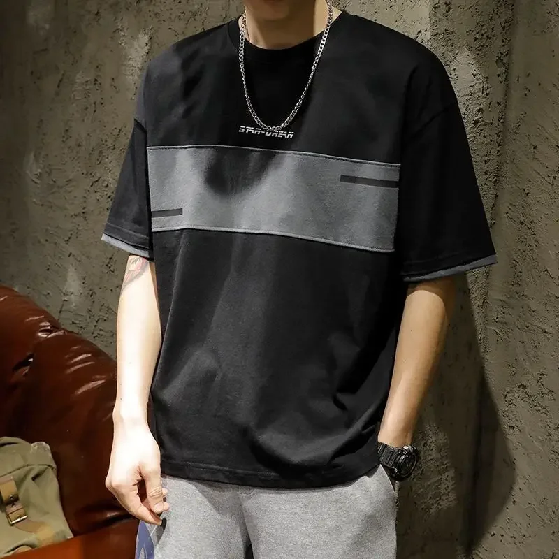 LIBIELIY Fashion O-Neck Spliced Printed Letter All-match T-Shirts Men's Clothing 2024 Summer New Loose Korean Tops Casual Tee Sh