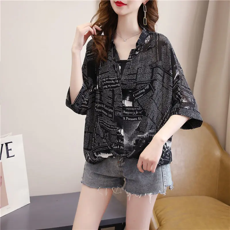 Fashion Printed Lapel Batwing Sleeve Folds Asymmetrical Oversized Chiffon Shirt Loose Commute Women's Clothing Casual Blouse