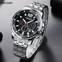 MEGIR Stainless Steel Military Watches for Men Luxury Quartz Business Wristwatch Luminous Waterproof Date Clock Chronograph 2068