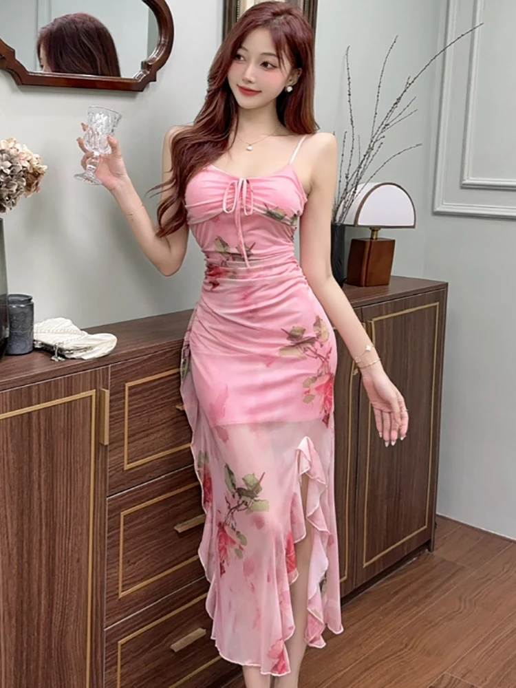 ฤดูใบไม้ผลิฤดูร้อนสีชมพูดอกไม้ตาข่ายสลิงชุดยาวผู้หญิง Boho Elegant Casual Ruffled ชุดยาว 2025 เกาหลีแฟชั่น Party Dress
