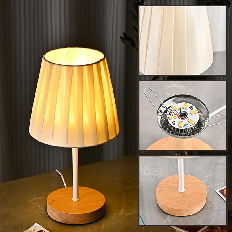 

3W LED Desk Lamp Wooden Table Lamp USB Powered - Portable LED Bedside Lamp Withpleated Shade, 3 Color Touch Sensor
