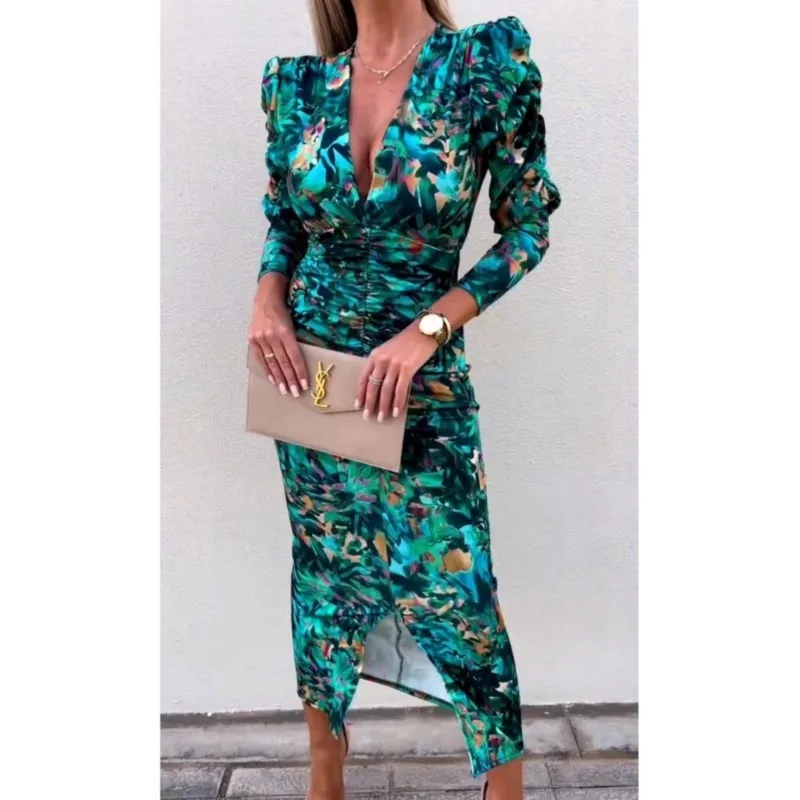 2025 Spring Summer women's Slit Dresses Long Sleeve V-neck female Floral Dress Slim High Waist Office Lady Pencil vestidos Robe
