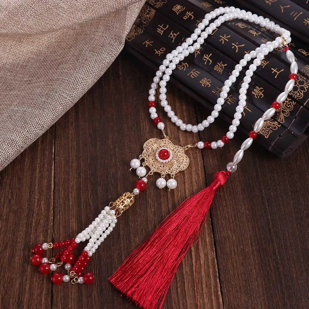 تقليد اللؤلؤ Hanfu قلادة الملابس الطويلة والاكسسوارات الصينية اللؤلؤ قلادة شرابة مجوهرات قلادة اللؤلؤ العرقية الإناث