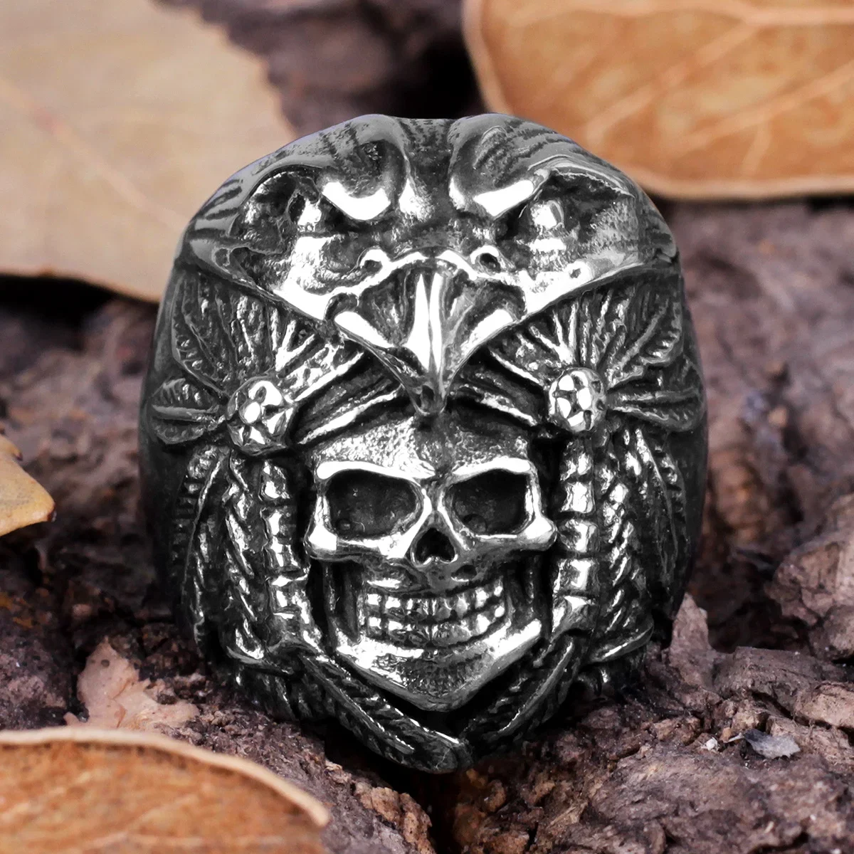 316L Stainless Steel Punk Rock Gothic Vintage Men Rings Skull Eagle Indian Carving Personality for Men Boy Fashion Jewelry Gift