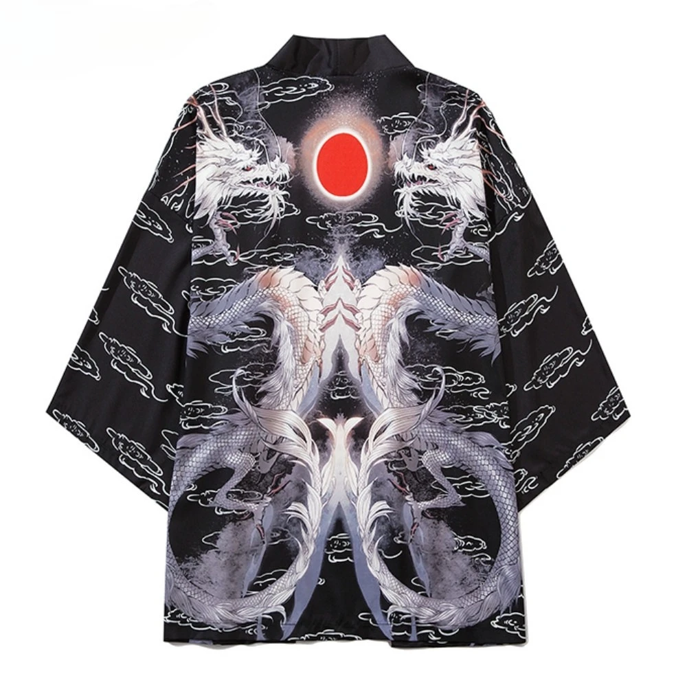 التنين الصيني موضة Harajuku اليابان كيمونو الخارجي للنساء والرجال الصيف أبيض أسود فضفاض كيمونو ملابس خارجية ملابس الشاطئ