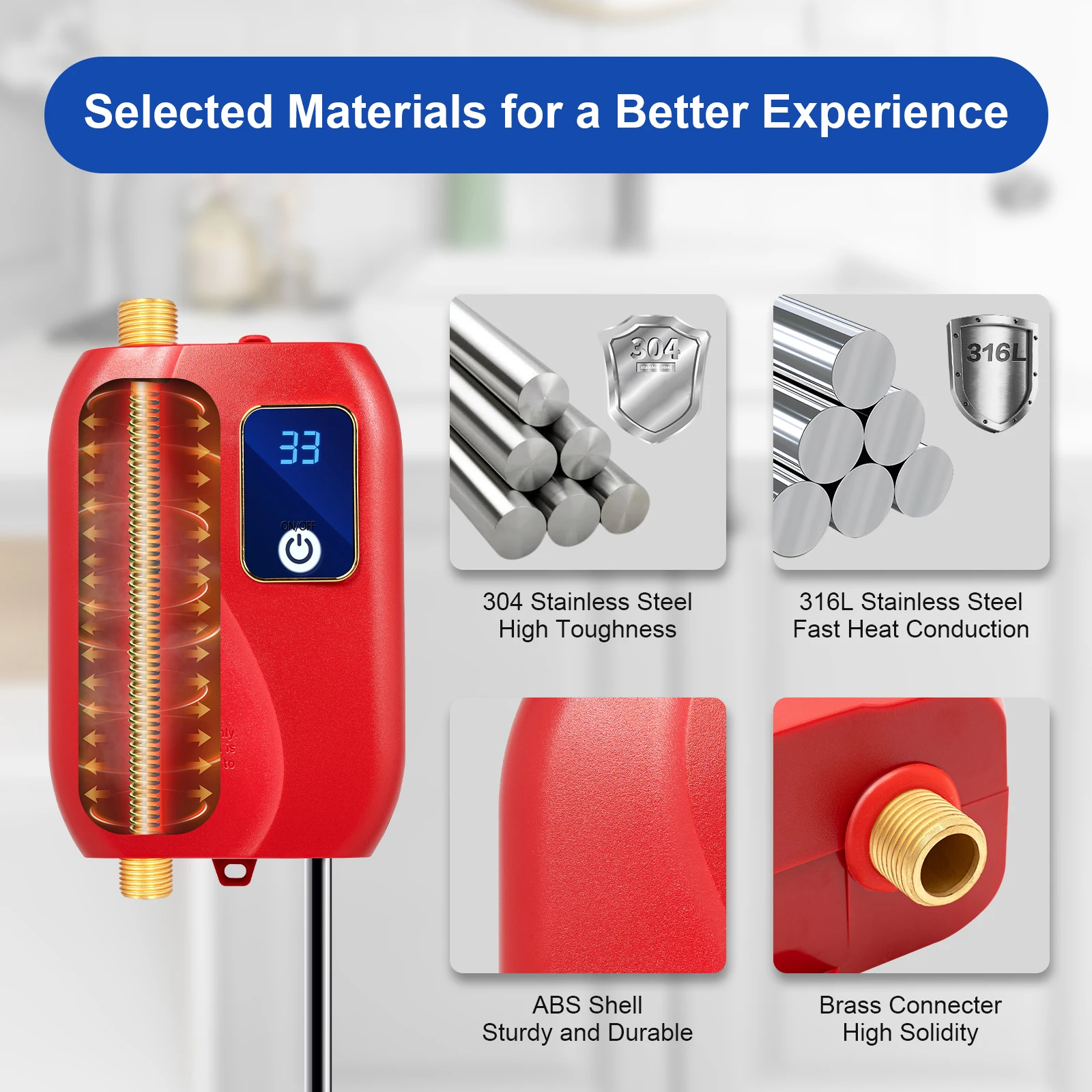 

C/F Convertible Digital Display Mini Instant Hot Water Heater Red XY-FC Tankless Water Boiler 3000W 110V US Standard Plug IPX4 Waterproof Bottom Inlet Wall Mount Floor Standing Under Counter Installation For Home Kitchen Sink