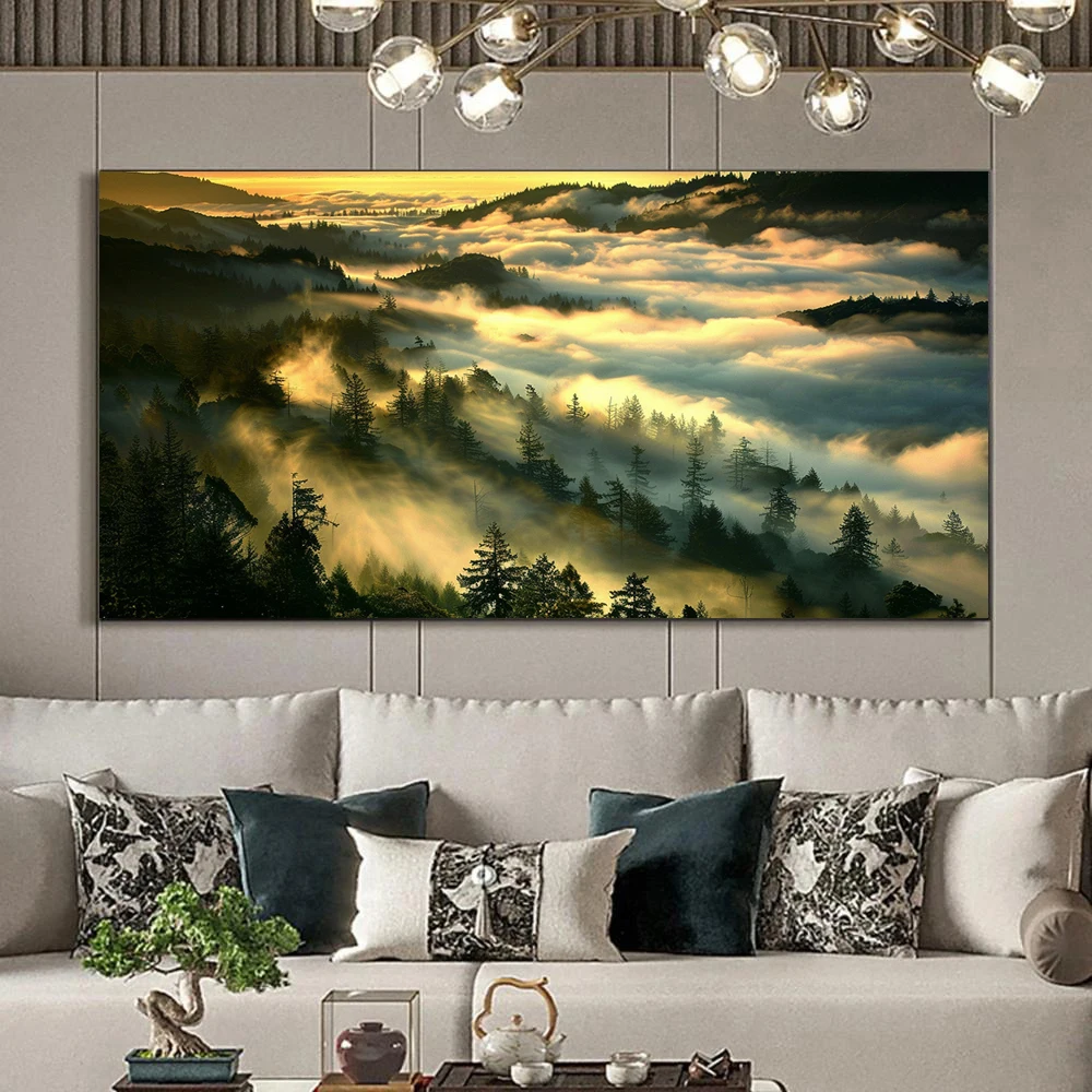 Morning Mist Over Mountain Landscape Posters, Canvas Print, Home Living Room, Bedroom Decor, Wall arts, No Frame
