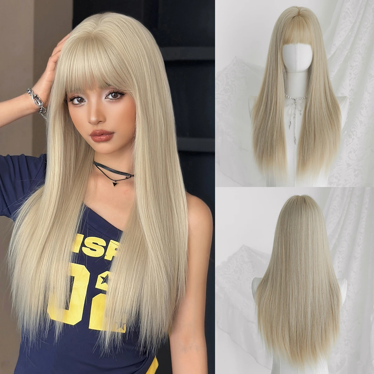 

7JHH WIGS Long Straight Layered Blonde Wig for Women Synthetic Heat-Resistant Modest Fashion Wear and Go Wigs with Neat Bangs