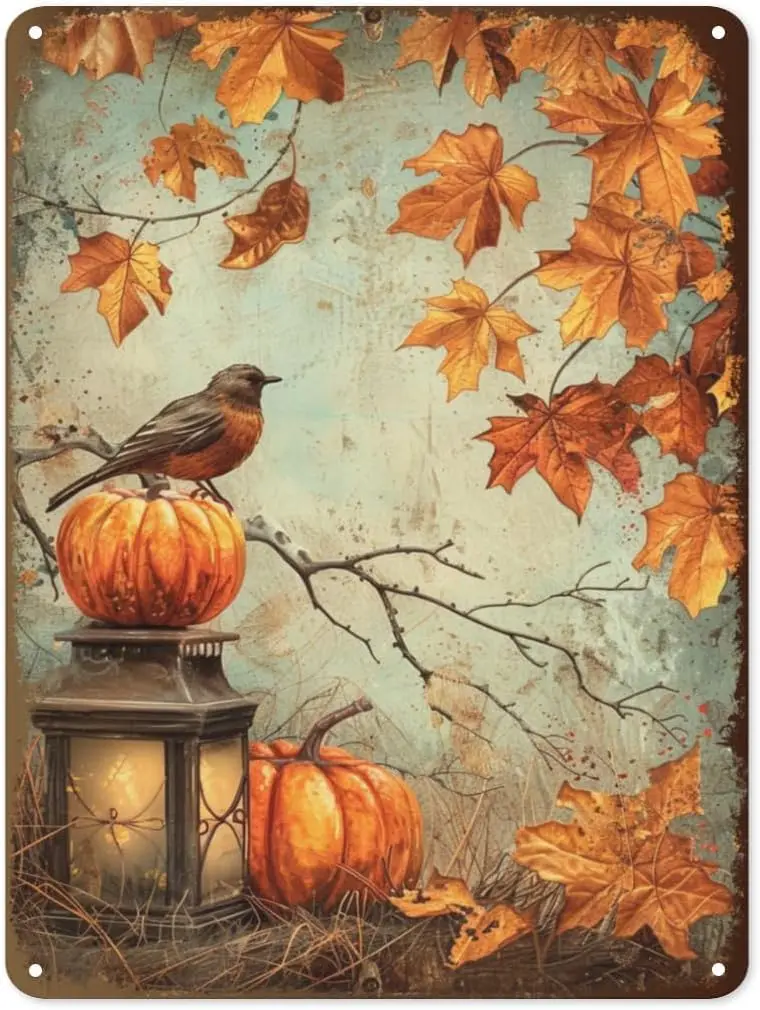 Fall Tin Sign - Vintage Metal Autumn Wall Decor for Home, Kitchen, Porch, and Garden - Rustic Fall Harvest and Thanksgiving Deco