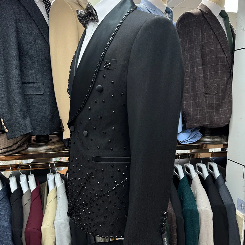 Handmade Double Breasted Suits Men Job Interviews Wear Black Shawl Lapel Stones Jacket Pants 2 Piece Sets Groom Tuxedo Attire