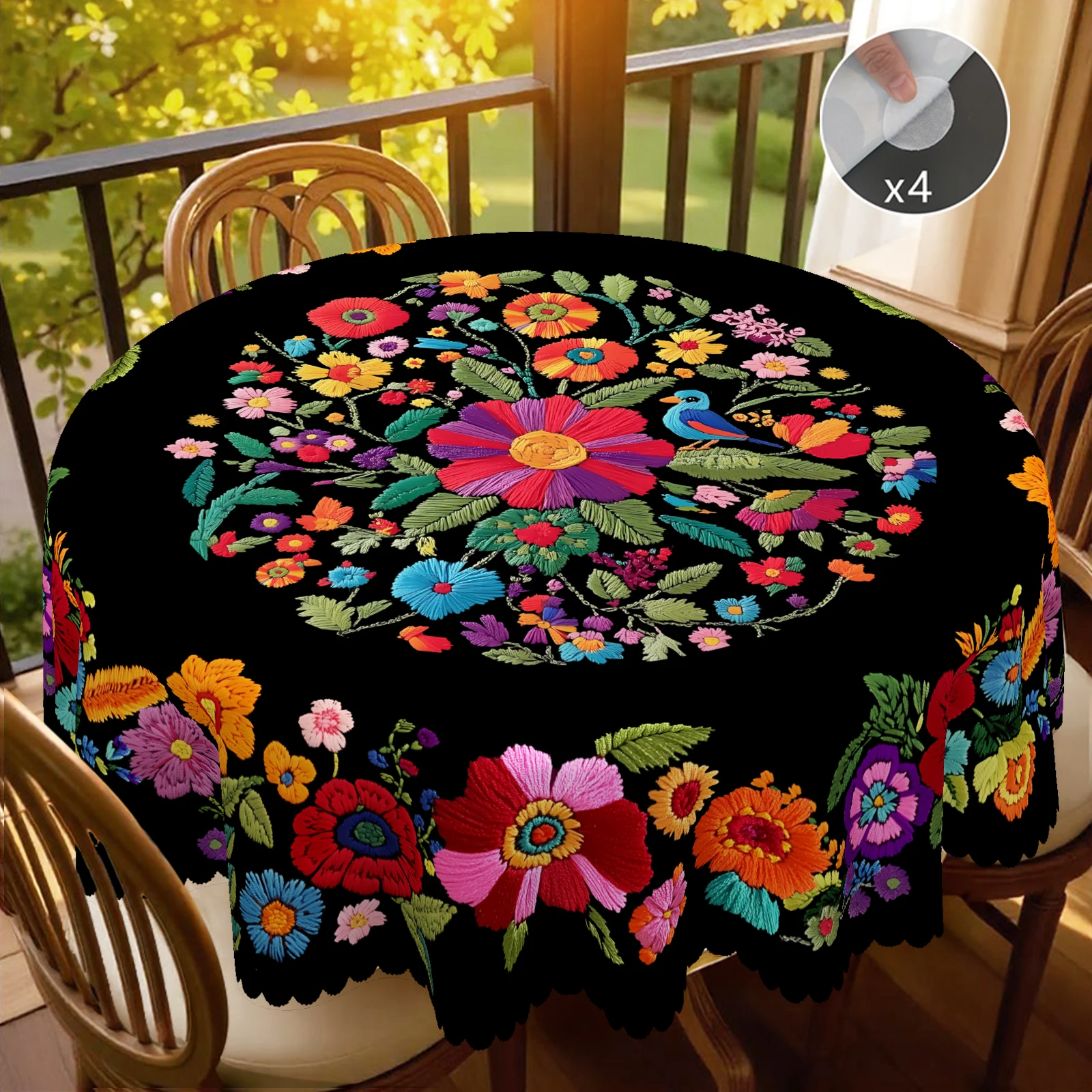 1 Piece, Vibrant Mexican Style Colorfulful Flower Tablecloth + 4 Pieces of Self-Adhesive, Flower Pattern, 2D Flat Printing, Embossed Edge, Suitable for Home Kitchen Room Decoration, Party Holiday Decoration Tablecloth, Perfect Gift, Spring, Summer and Autumn Decoration Tablecloth, Perfect for Indoor/Outdoor Dining, Picnic and Home Decoration, Carnival Festival, May Friday Decorative Tablecloth,亡灵 Decoration-Oo-077