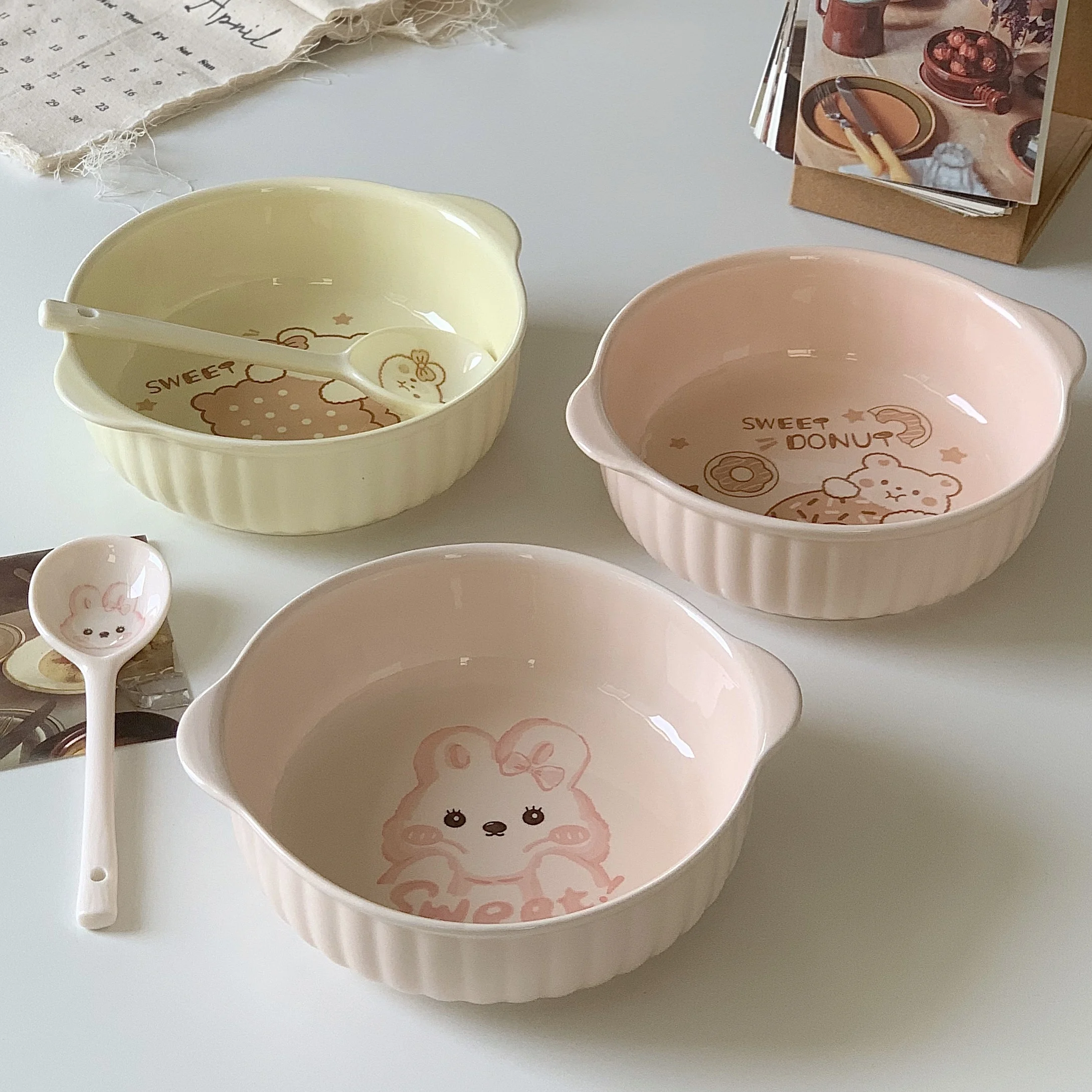 Korean Style Ceramic Household Oatmeal Bowl Simple High Quality Round Fruit Tableware Animal Pattern Restaurant Yogurt Bowl