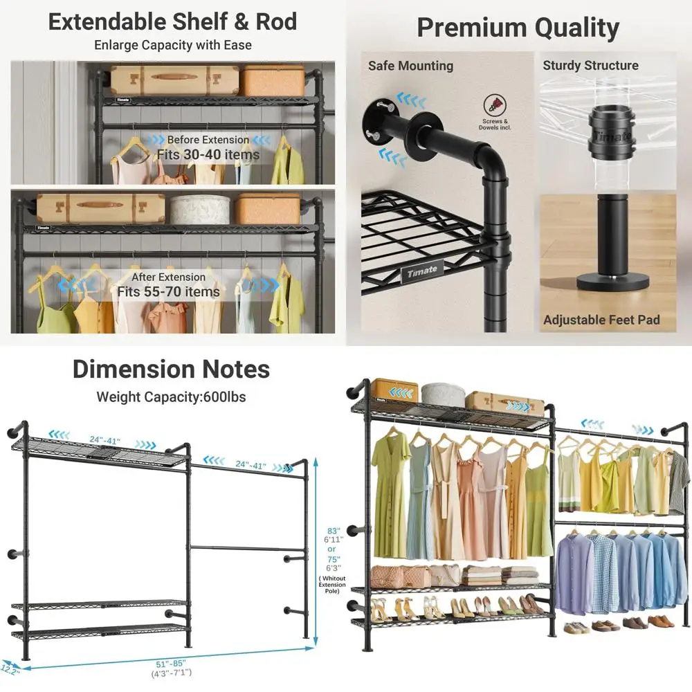 

Настенная раскладная вешалка для одежды в индустриальном стиле с прочными полками и системой для подвешивания одежды, черная