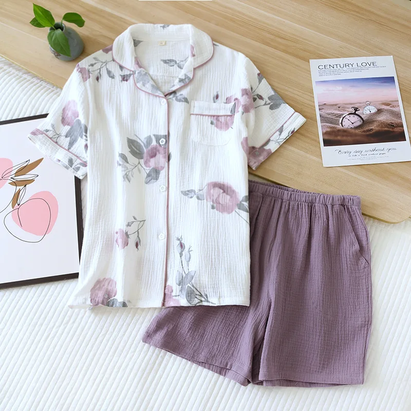 Summer new 100% cotton crepe ladies pajamas short-sleeved shorts two-piece simple fresh and cute homewear pajama set women