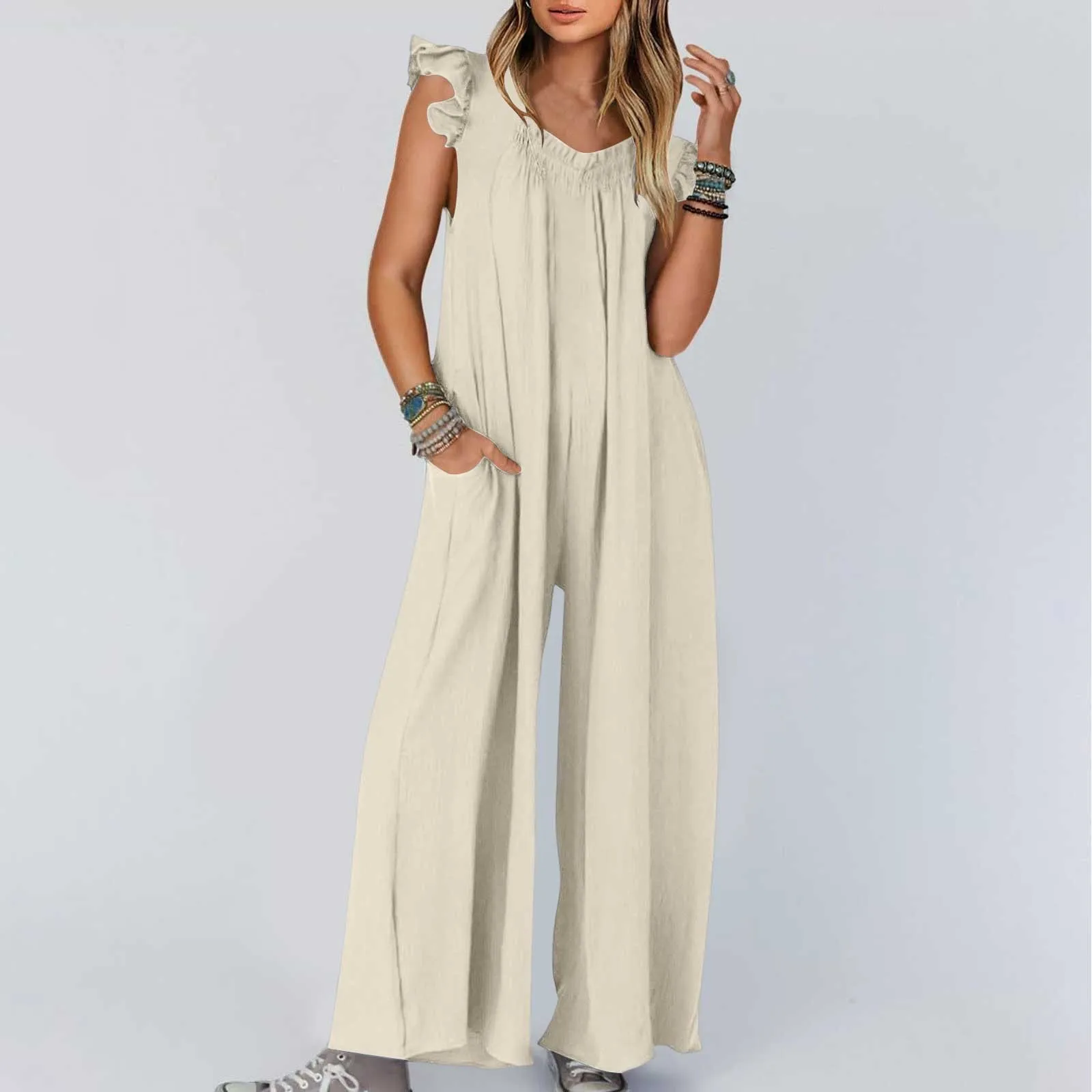 Women Solid Wide Leg Jumpsuits Lantern Sleeve Square Neck Overalls Spring Summer Short Sleeve Loose Boho Holiday Ladies Jumpsuit