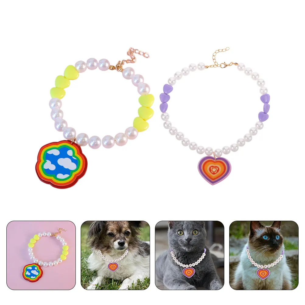 

2Pcs Pet Necklace Collar Heart Design Adjustable Beaded Colorful Flower Dog Cat Jewelry Choker Collar for Dogs