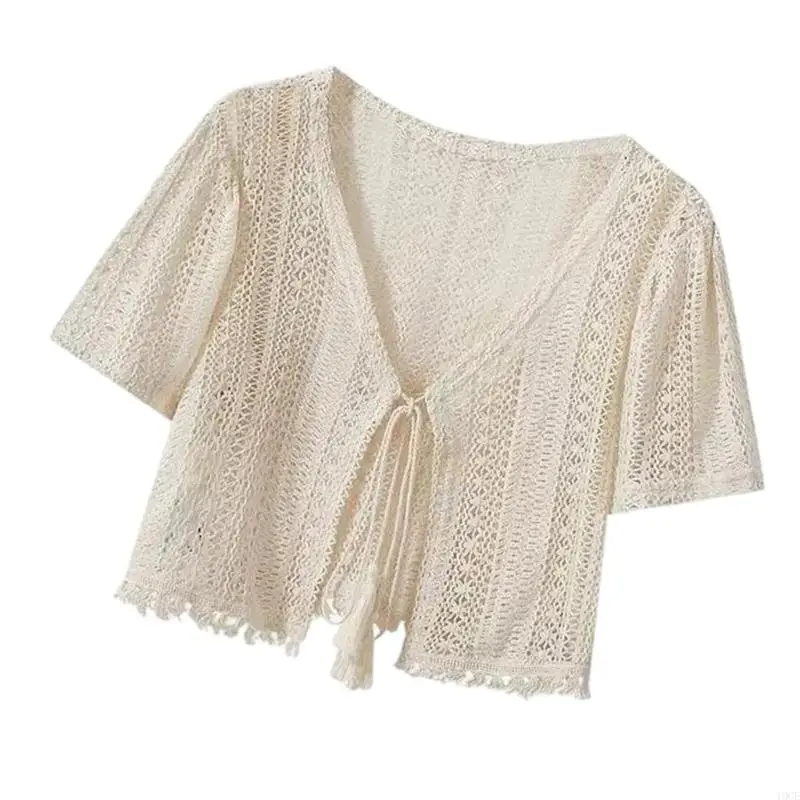 Crochet Shrug Sweaters Sheer Summers Beach Bathing Swimsuit Cover Ups Summers Outfits Short Sleeve Cropped Cardigans 