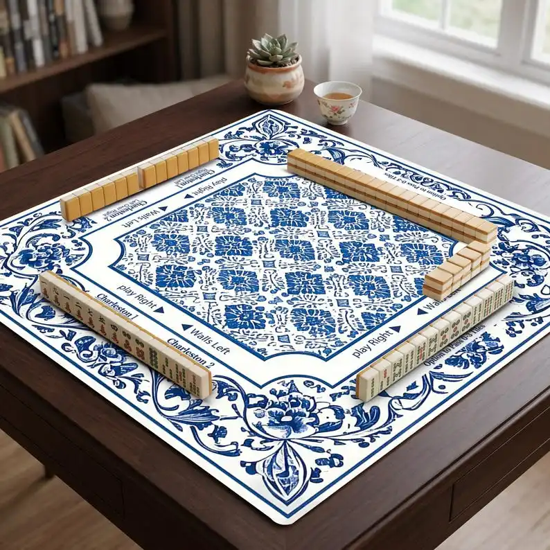 Blue White Porcelain Geometric Mahjong Table Mat Non Slip Washable Shock Absorbing Square Pad For American Mahjong Daily Play