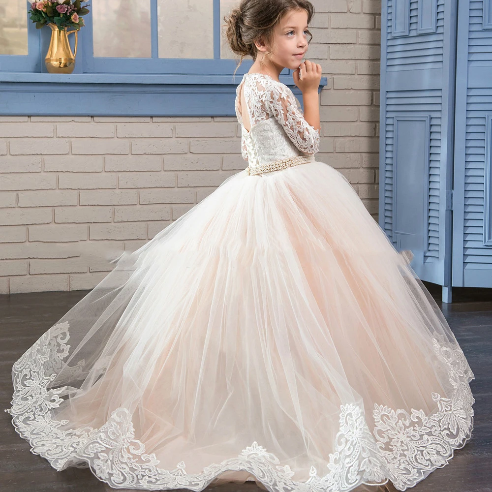 Champagne Ball Gown para crianças, Vestidos de flores de bebê, Apliques meia mangas, Casamento Prom, Vestidos de festa