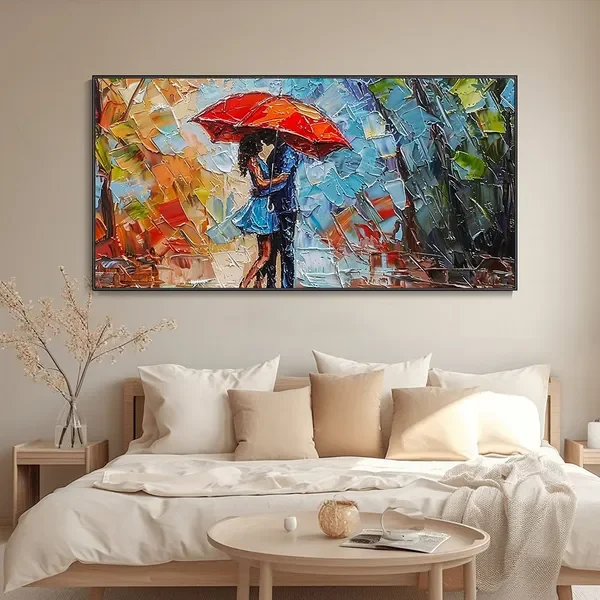 

Hand Painted Original Couple Walking In The Rain Oil Painting Red Umbrella Woman City Street Scene