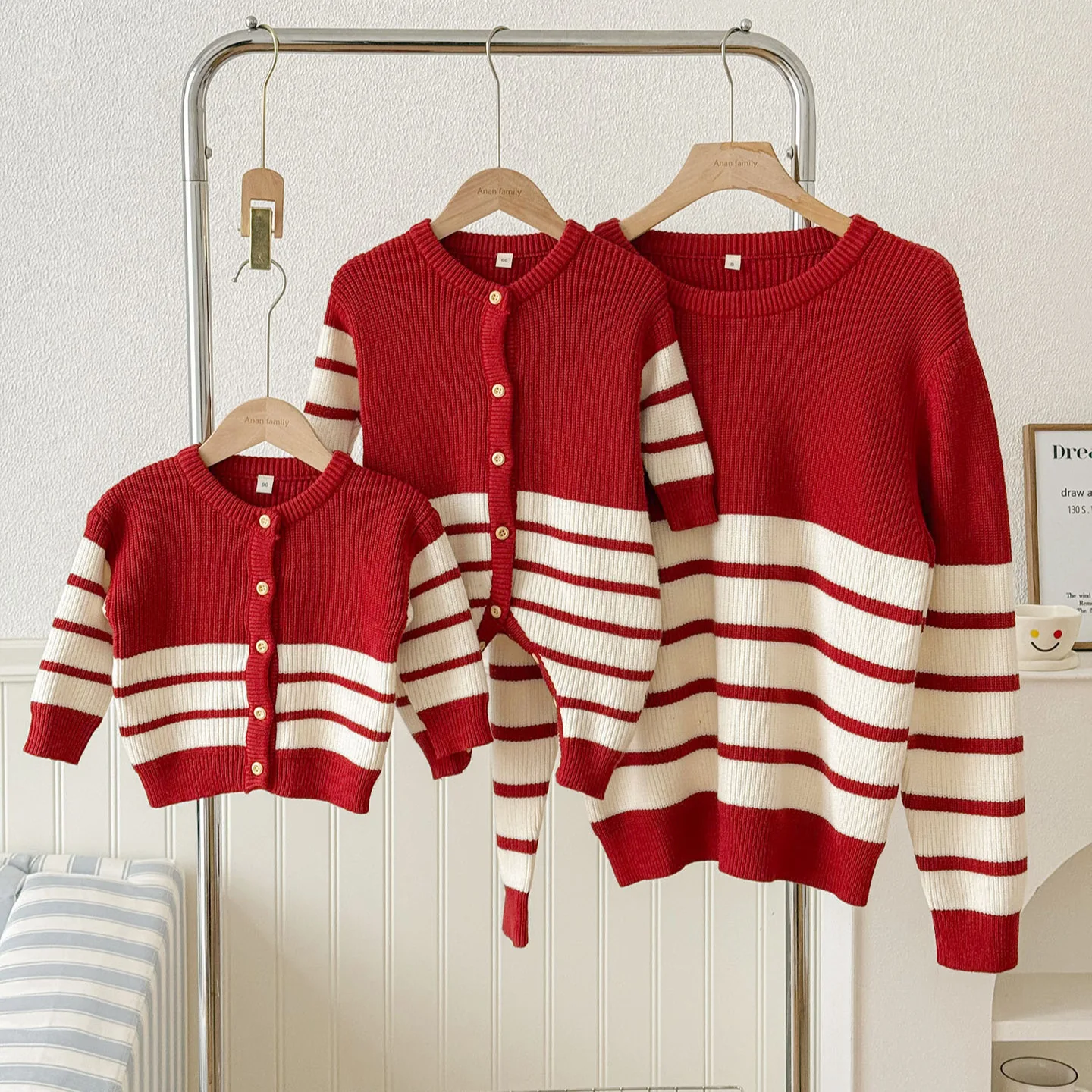 

Christmas Red Family Tops Clothing Dad Mom Daughter Son Striped Sweater Cardigan for Adult Kids Matching Clothes Outfits