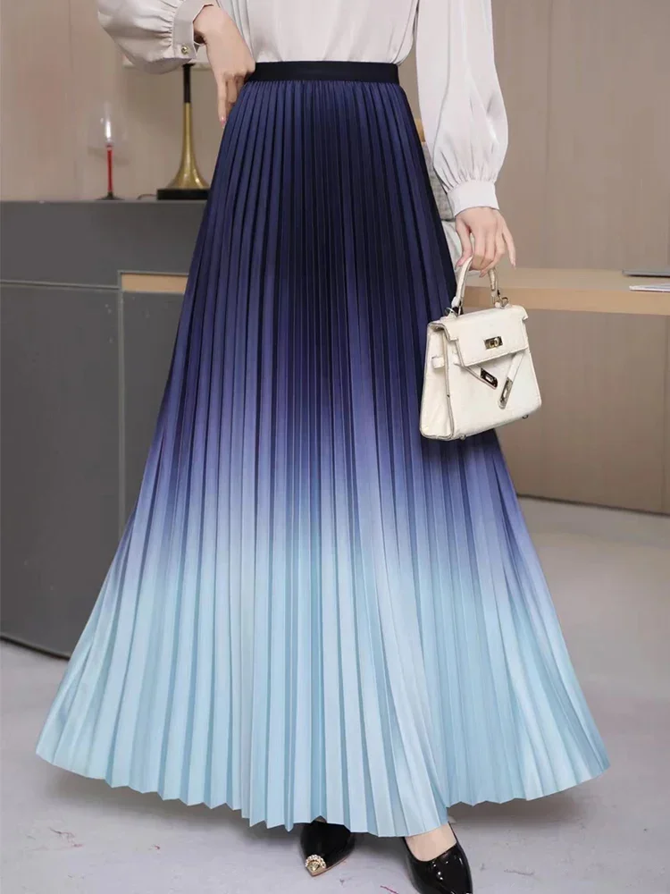 

2024 New Women Maxi Pleated Skirt Fashionable Gradient All-match Ankle-length A Line High Waist Long Skirt Female P492