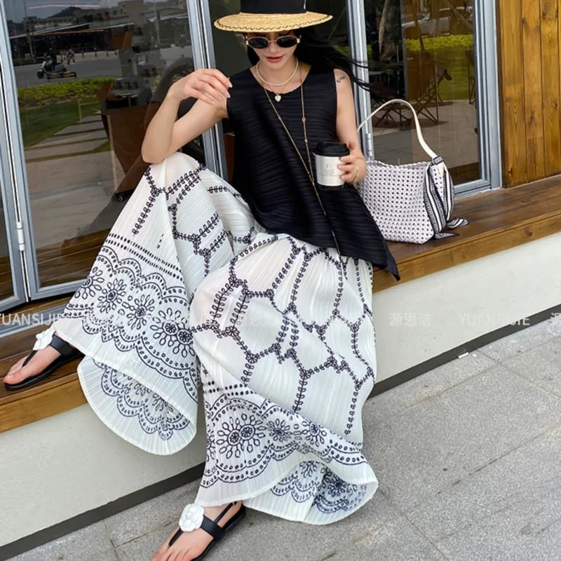 TOP Women's Retro Ethnic Style Printed Wide-leg Pants with Wide Swing Trousers Fashion Versatile Culottes for Summer
