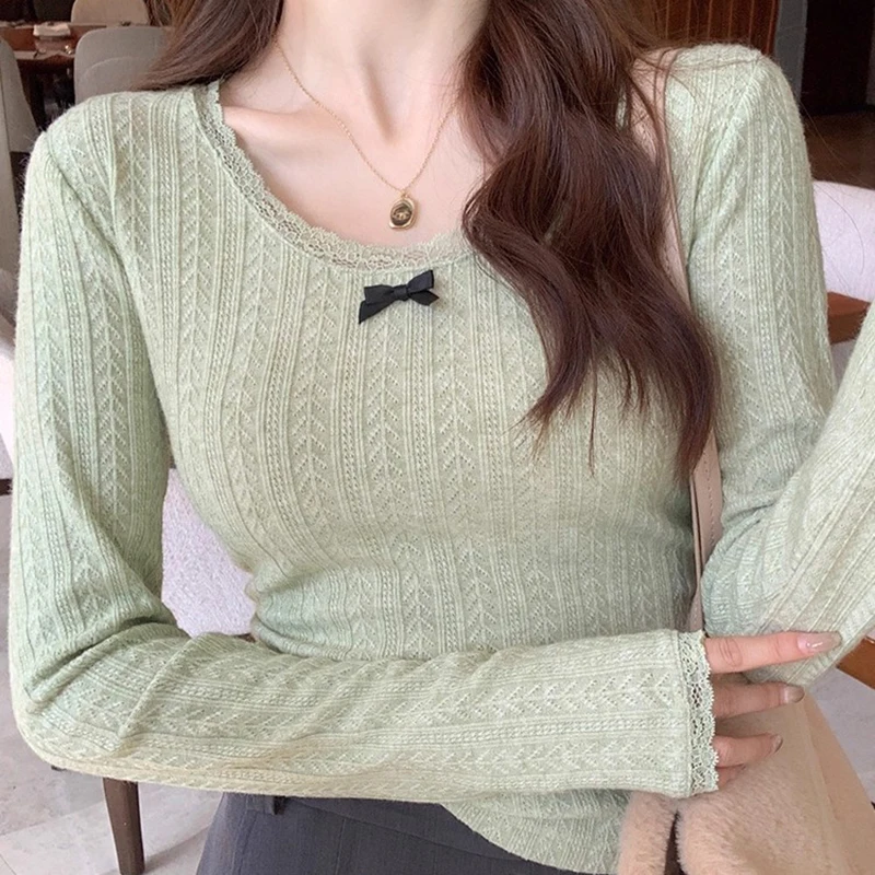 

Bow Cute Knitted Pullover Sweater For Women Autumn Winter Fashion Lace Patchwork O Neck Long Sleeve Slim Cropped Tops