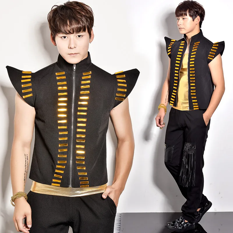 Plus Sizes Three Piece Set Clothing Men's Top And Pants Nightclub Bar Male Singer DJ Rock Punk Drum Jackets Sequin Vest Costumes