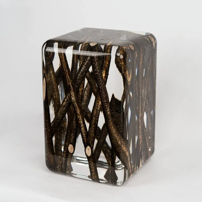Charcoal-fired ancient silver wood strips with rounded corners, transparent crystal log tea stool on the sides