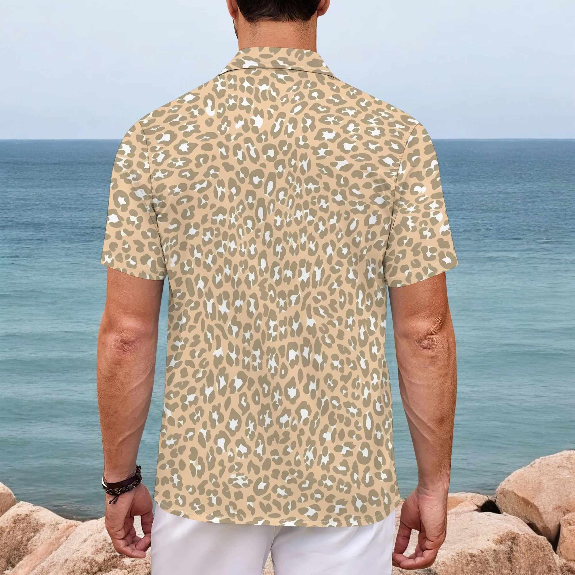 YEAE Khaki Leopard Print Shirt for Men Summer Casual Short Sleeve Top