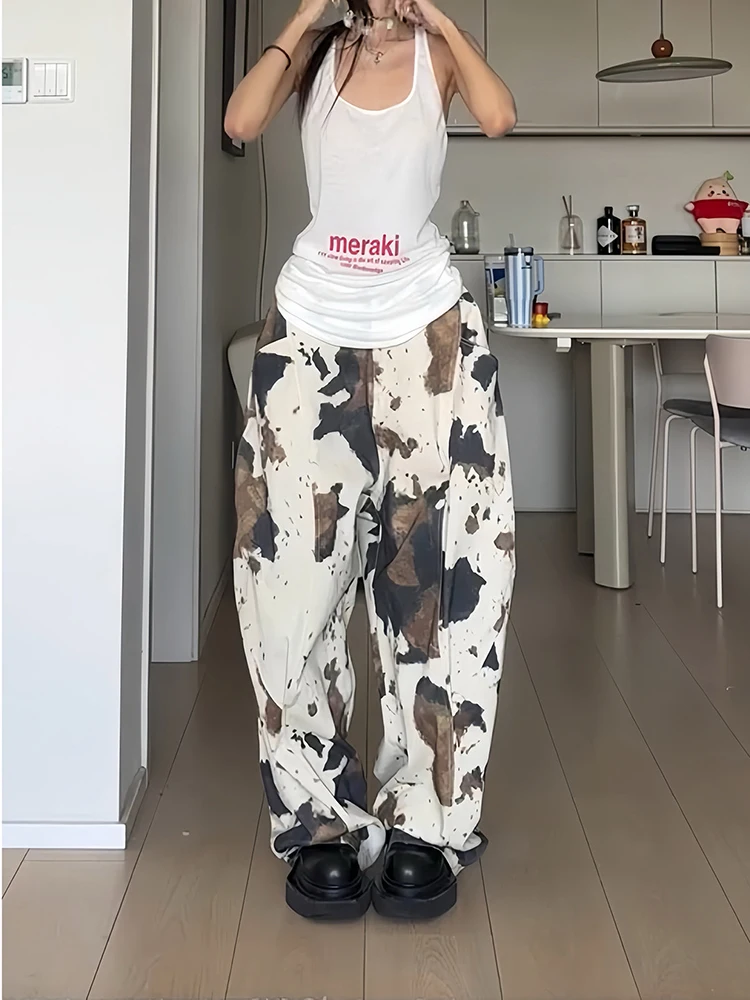 Cow patterned jean women's autumn new street spicy girl design sense tie dye loose trendy street curved knife pants