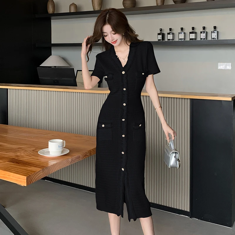 Elegant Slim Knit Bodycon Dress Women 2024 Summer Short Sleeve V-neck Single-breasted Long Dresses Solid Stylish Vintage Vestido