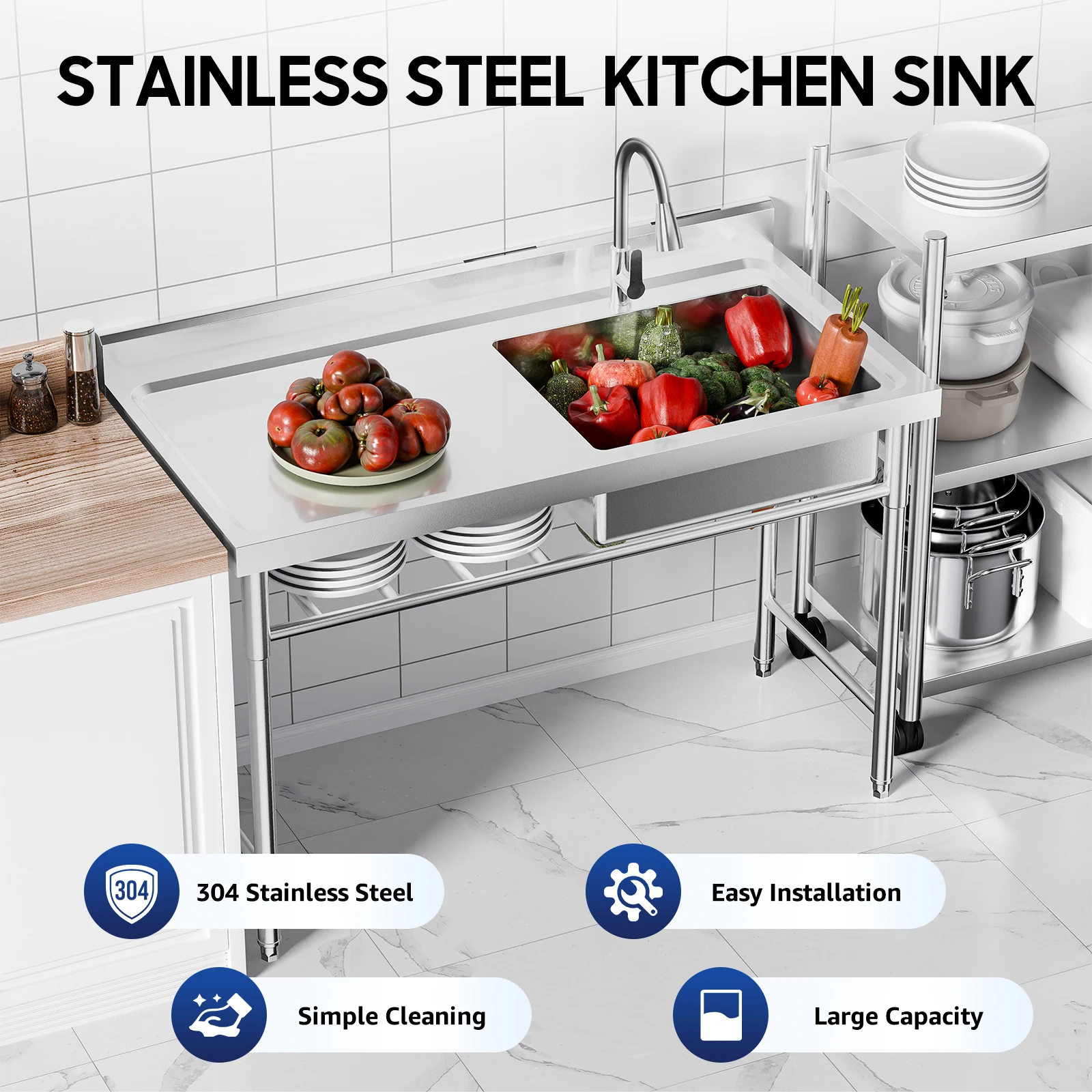 47.2*23.6*31.5 Inch 304 Stainless Steel Kitchen Sink with Countertop Flexible Ceramic Valve Core Faucet Withdrawable