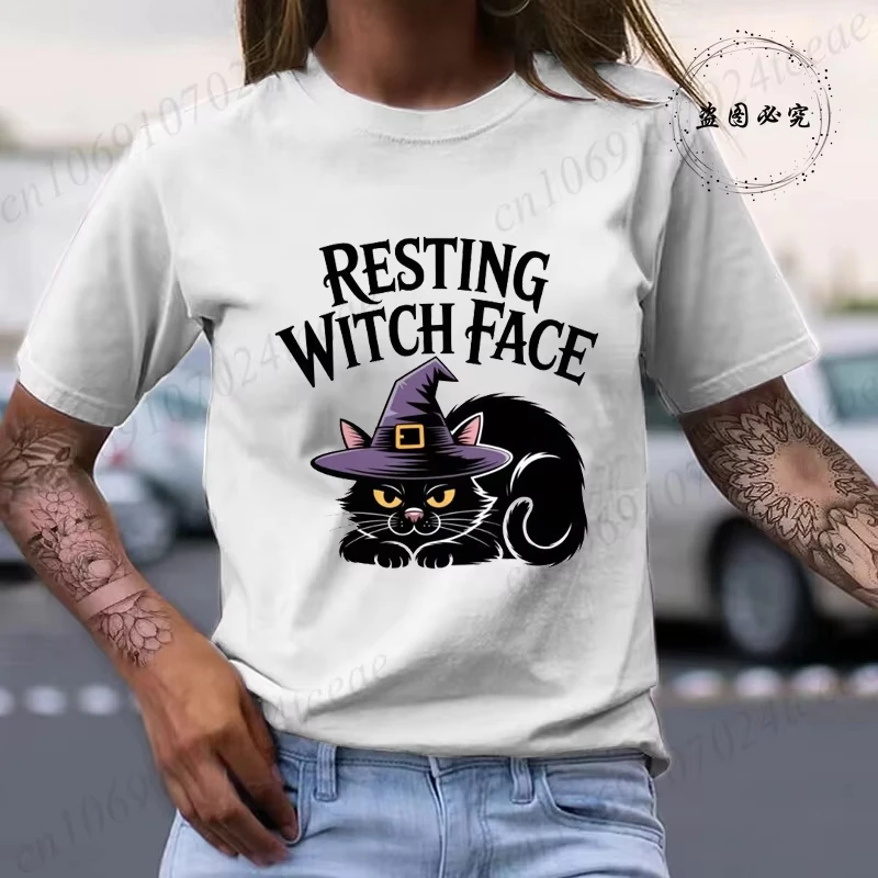 

Летняя футболка с изображением ведьмы и кота на Хэллоуин для мужчин и женщин, забавная хлопковая футболка с жутким рисунком и коротким рукавом, повседневная модная уличная одежда