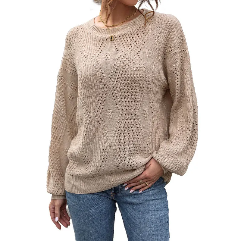 

2024 Autumn Winter Fashion Women's Solid Color Sweater Pullover Long Sleeves Round Neck Diamond Cable Casual Comfortable Sweater
