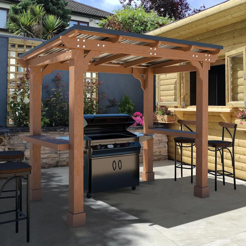 

8’x5’ Grill Gazebo, Patio Gazebo with Hardtop Metal Roof, Rainwater Drainage, Wood Frame,BBQ Gazebo for Barbecue,Backyard,Garden