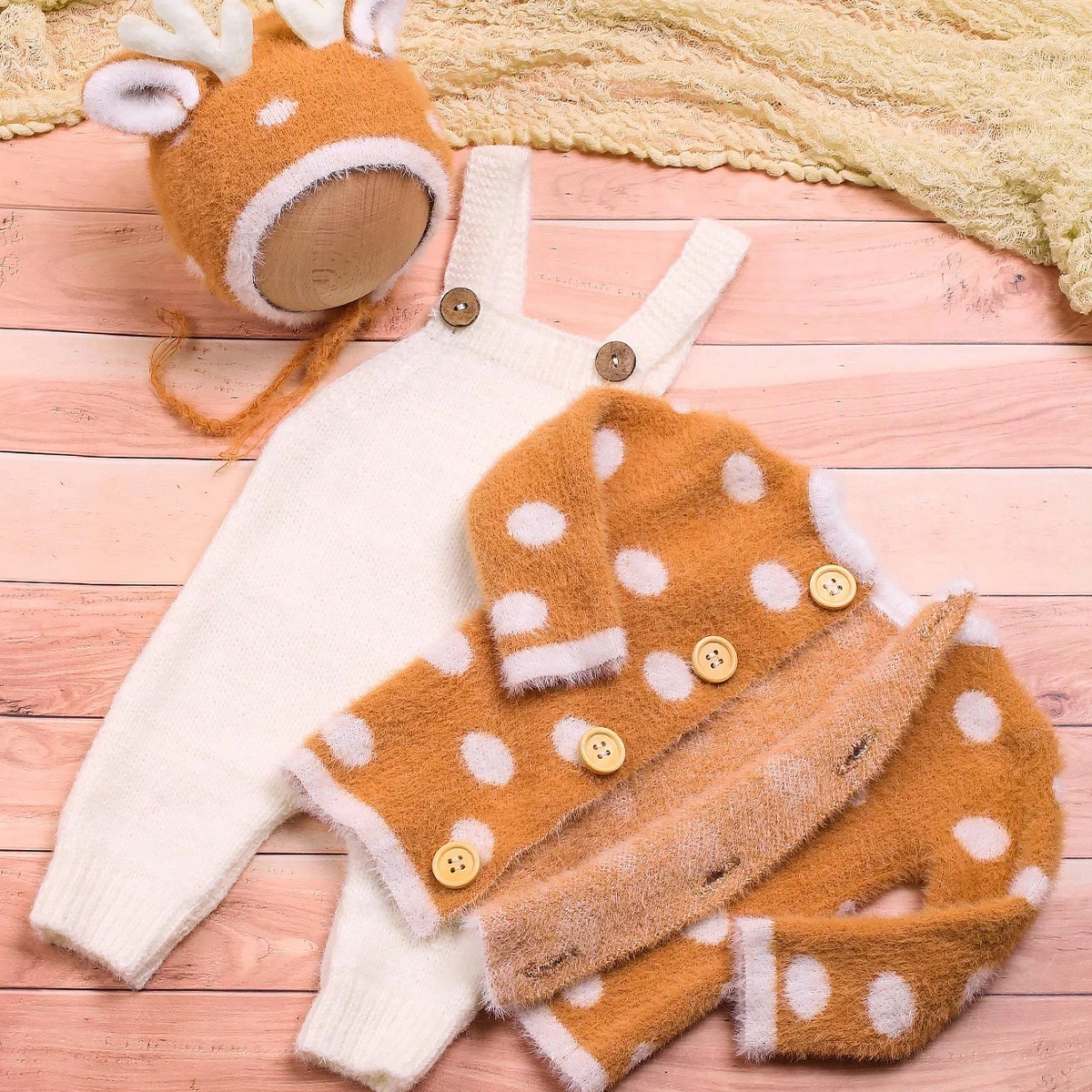 Ylsteed Newborn Baby Christmas Outfit for Photo Shooting Knitted Infant Suspender Pants Tops Antler Hat Baby Photography Props