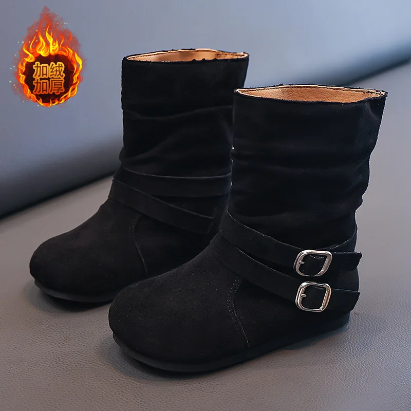 Kids'Boots Solid Color PU Leather Buckle Fashion Winter Flat Shoes For Children Anti-slip Warm White Black Shoes Size 26-35