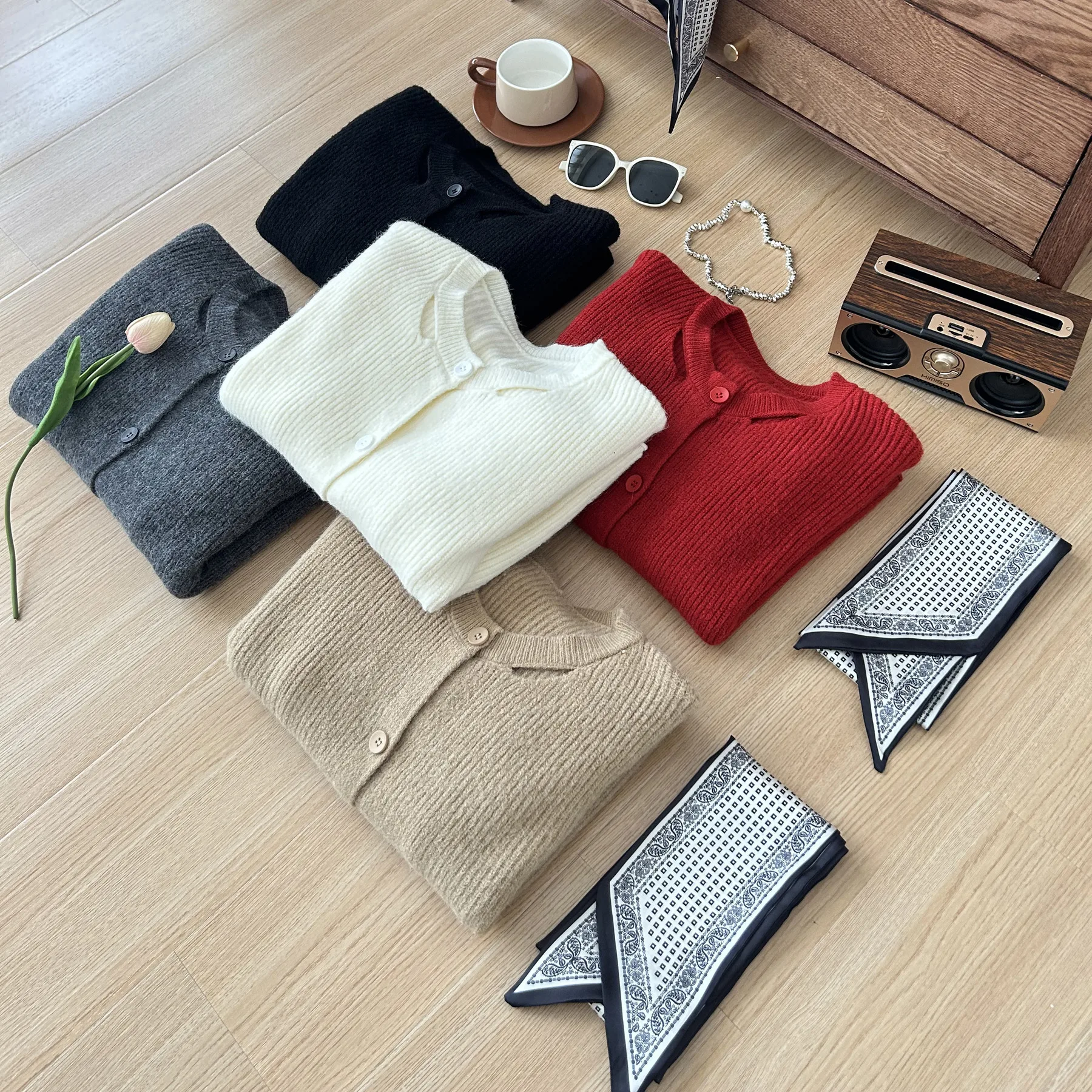 Winter Knitted 2 Pieces Sets For Women Outfits Office Ladies Elegant Silk Scarf Sweater Cardigans+high Waist Wide Leg Pants Sets