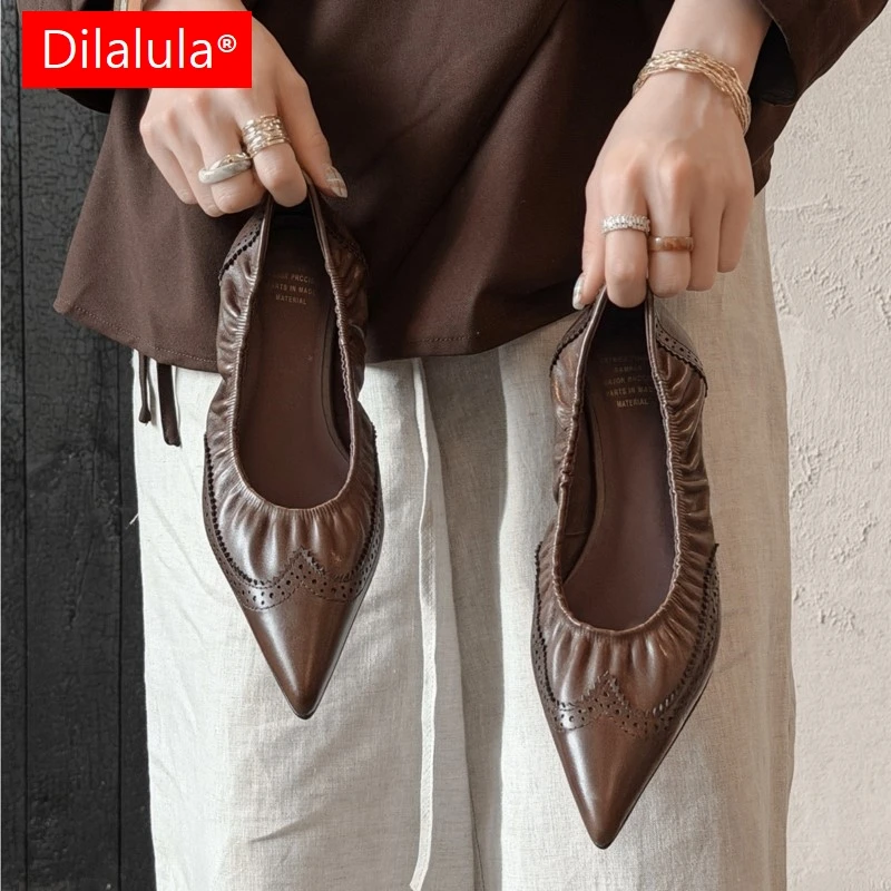 

Dilalula 2026 New Arrival Real Leather Women Pumps Pointy Toe Shallow Brogue Shoes Women Elastic Closure Med Heels Single Shoes