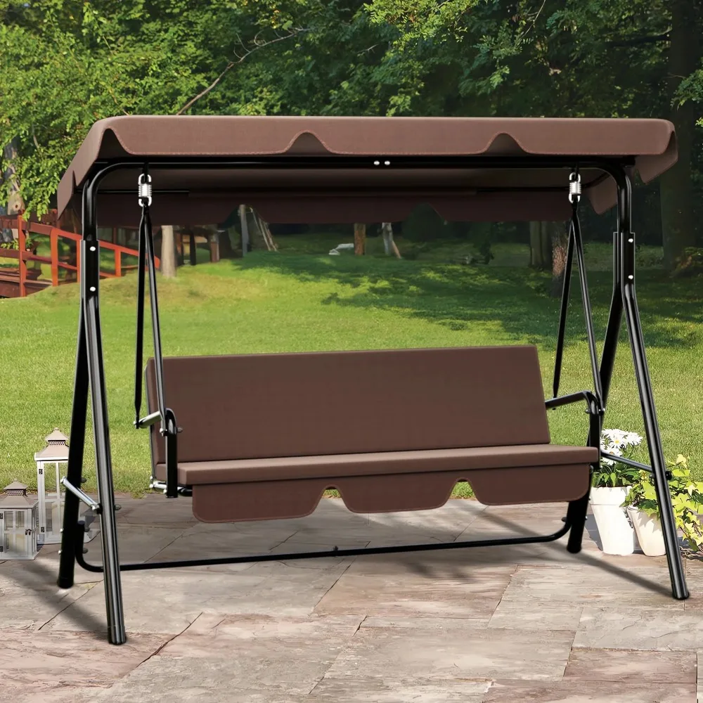 

3-Seat Porch Swing with Stand Adjustable Canopy Soft Cushion Outdoor Heavy Duty Patio Swing Chair , Brown
