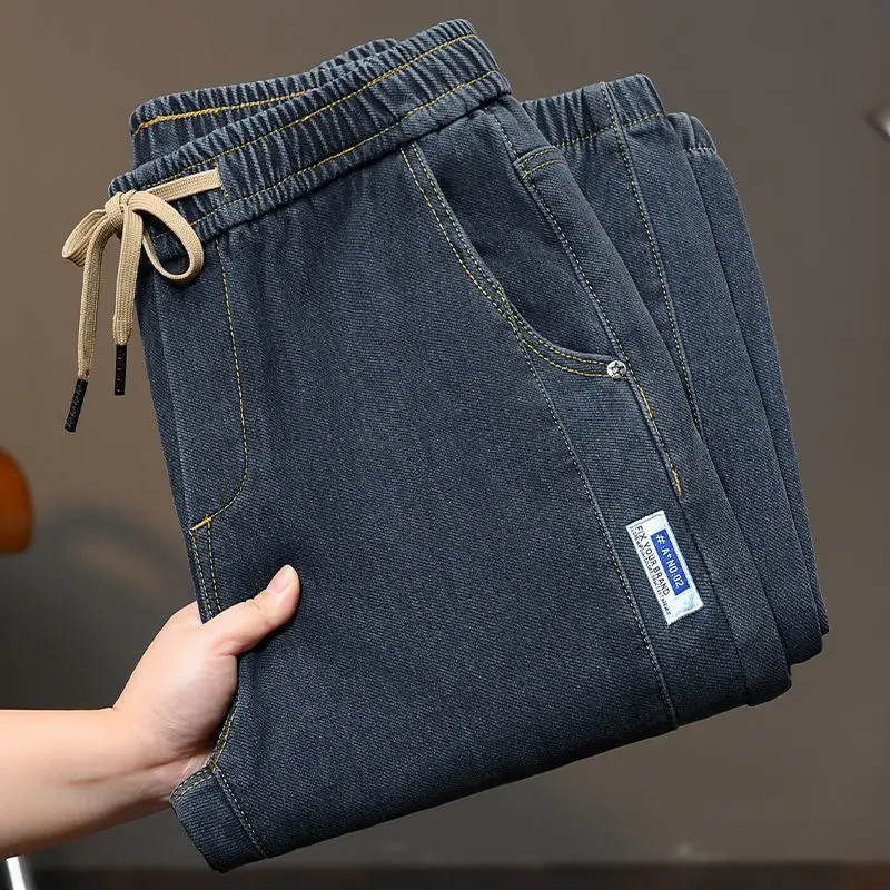 

Elastic Fleece Lined Thickened Casual Work Jeans Men's Wear Resistant Loose Fit Autumn Winter Labor Protection Pants