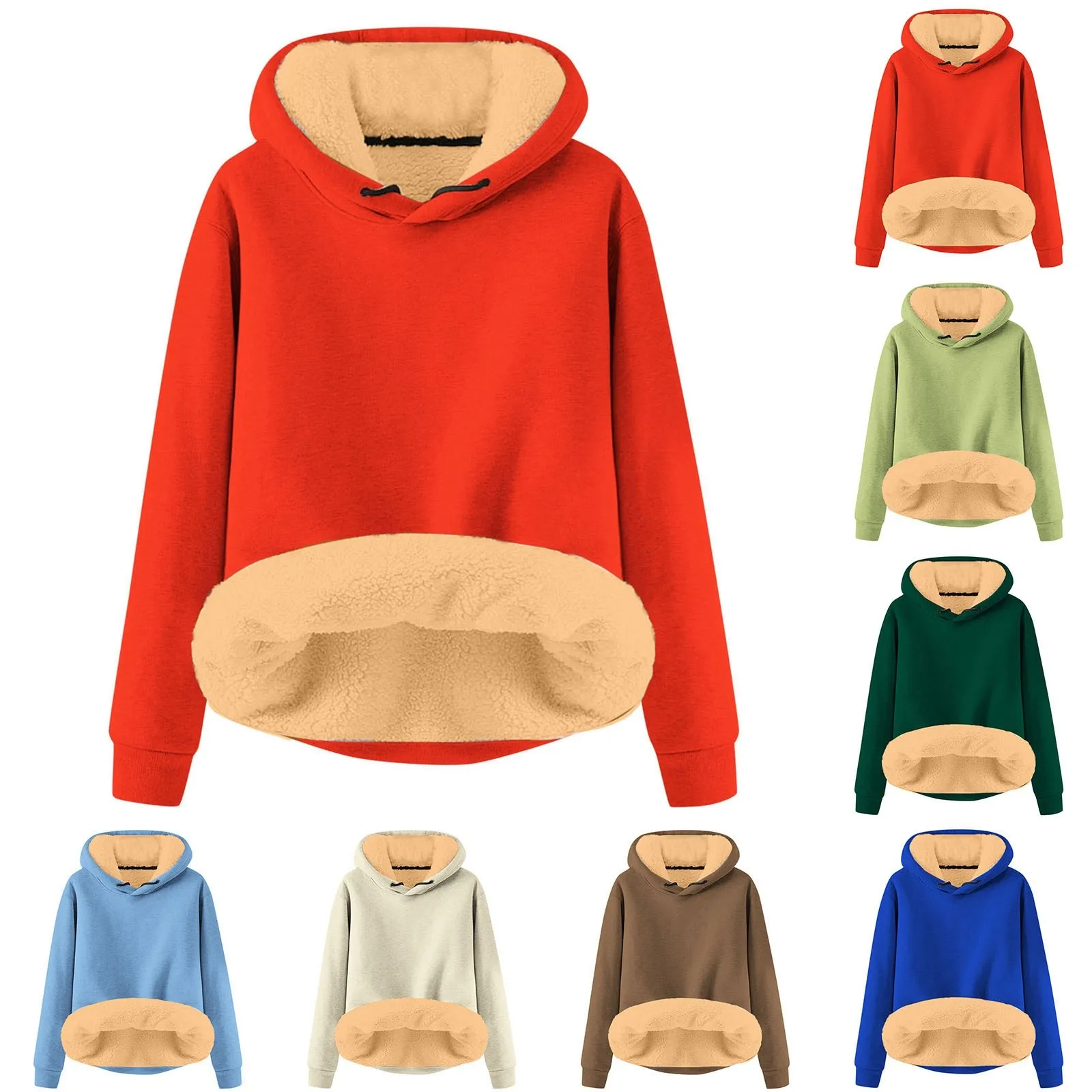 Autumn Winter Solid Color Velvet Liner Hoodie Ladies Thick Warm Loose Hooded Sweatshirt Drawstring Simple Basic Pullover