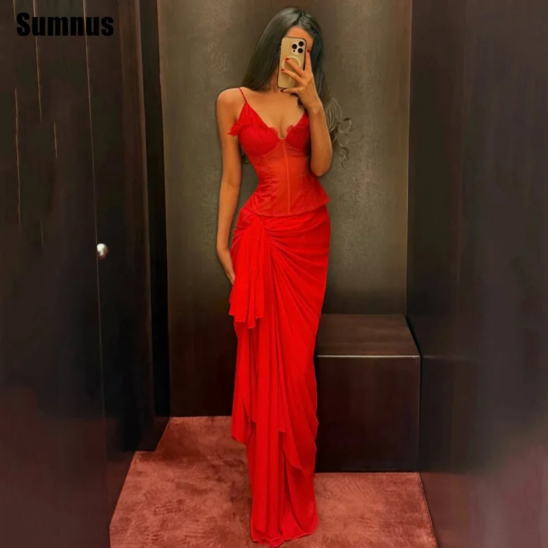 

Sumnus Elegant Mermaid Prom Dress V-Neck Spaghetti Strap Lace Pleats Sleeveless Maxi Birthday Party Dresses vestidos Customized