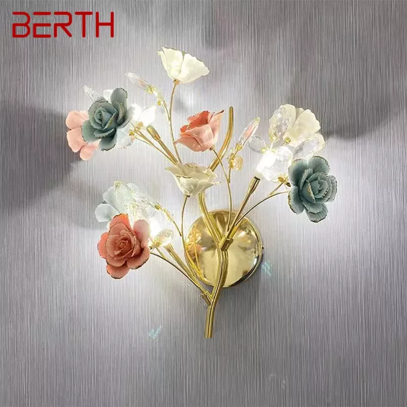 BERTH Contemporary Crystal Wall lamp Warm Creativity Ceramics Flower Living Room Bedroom Girl's room Villa LED Bedside Light