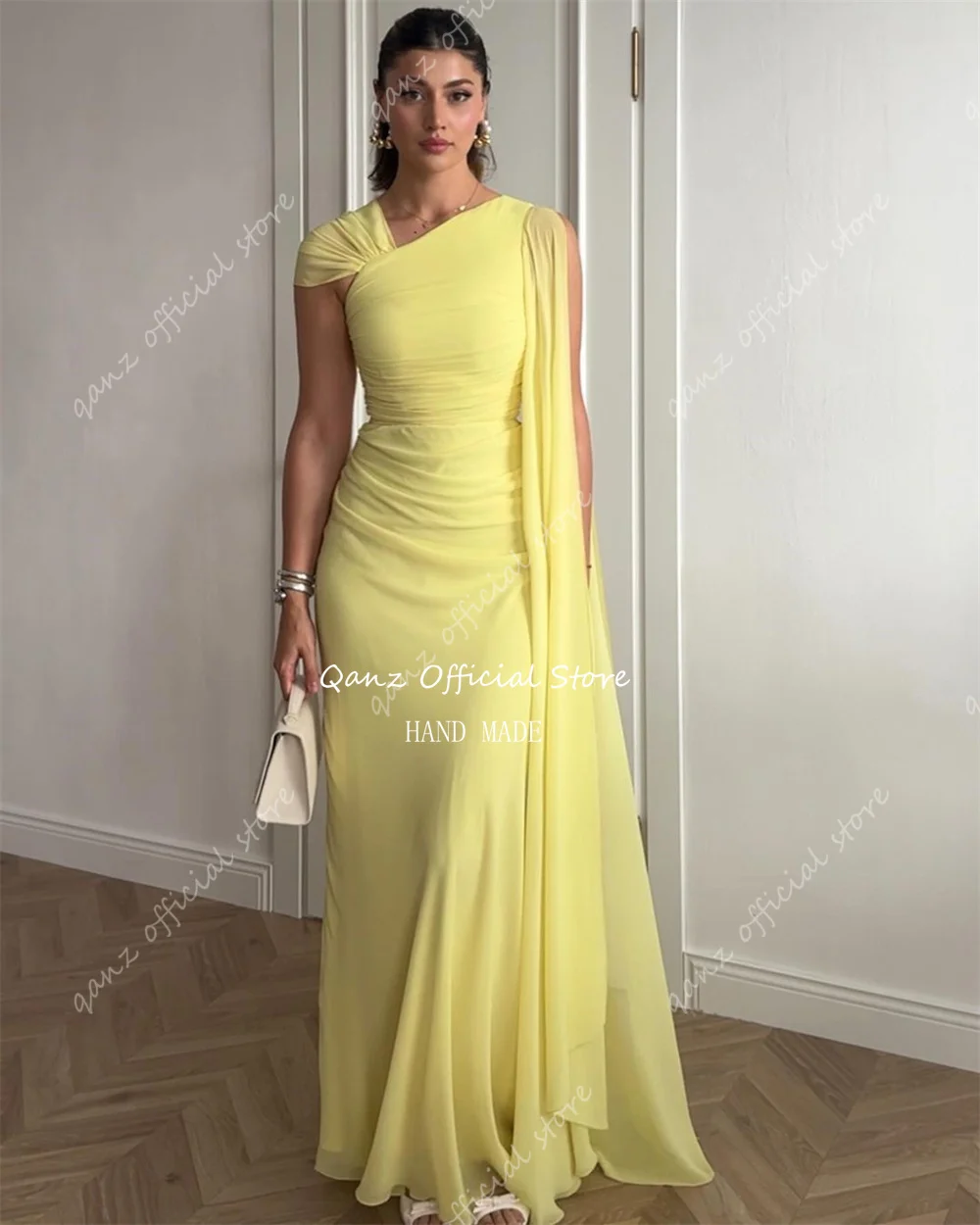 Qanz Formal Chiffon Arabic Evening Dresses One Shoulder Floor Length Abendkleider Dubai Elegant Mermaid Party Dresses Customized