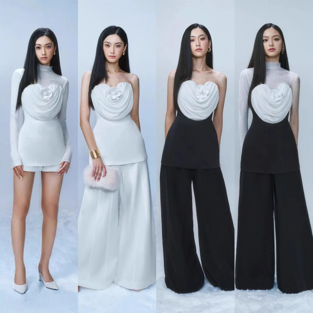 

customized women's adult fashion clothing with French design three-dimensional flower pleated strapless top high-end dress