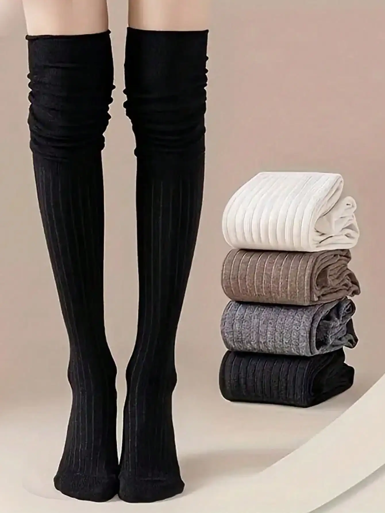 

Women's Ribbed Thigh High Socks, Solid Color Over-the-Knee Stockings for Boots, Soft & Stretchy